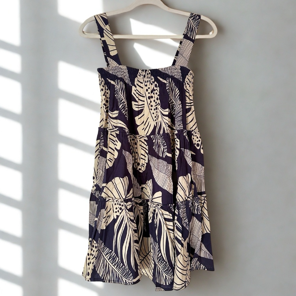 Tropical Print Mini Dress with Smocking at Chest - Size M - Navy and Cream